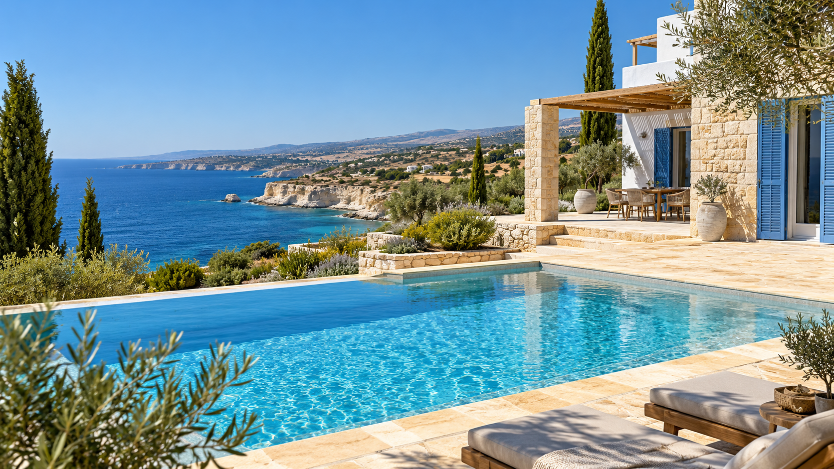 Illustrative Mediterranean holiday villa and pool by the Cyprus coast