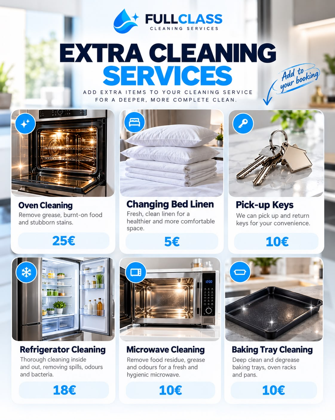 FULLCLASS optional cleaning extras: oven, bed linen, key collection, refrigerator, microwave and baking tray cleaning
