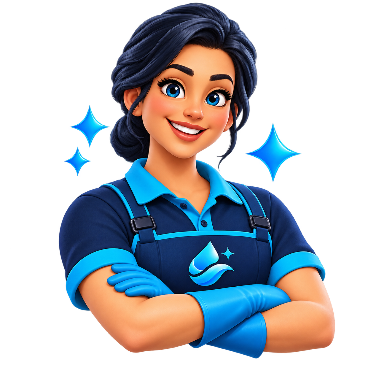 FULLCLASS mascot, a smiling cleaner in a blue uniform