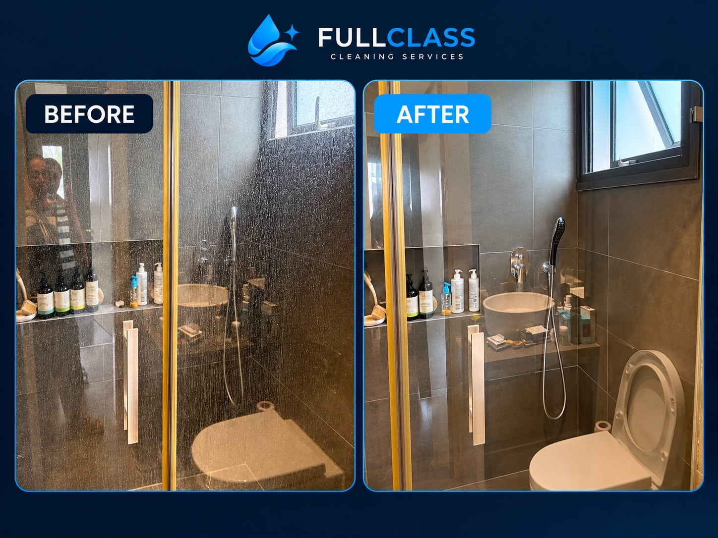 Bathroom shower and glass, before and after cleaning
