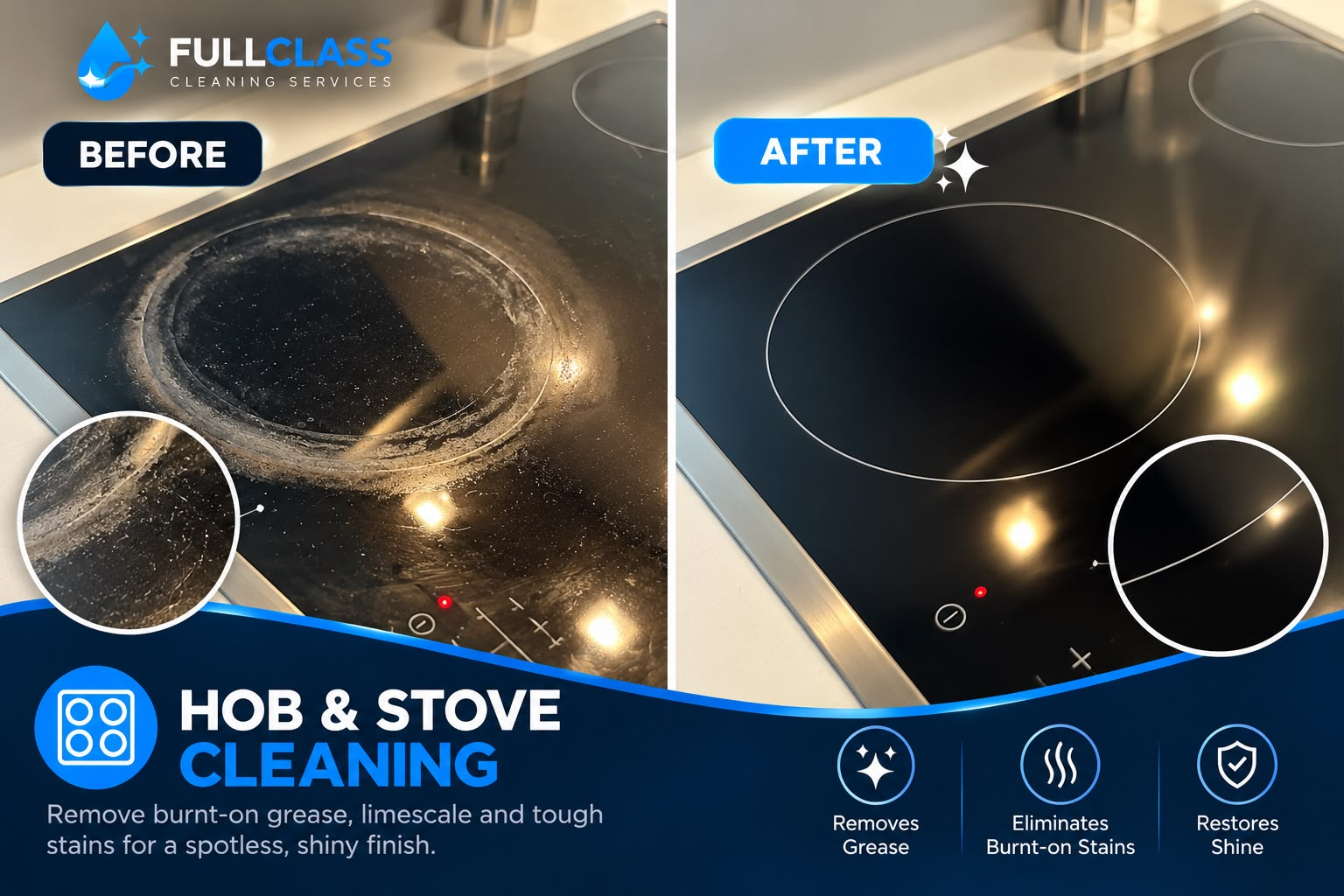 Hob and stove surface, before and after cleaning