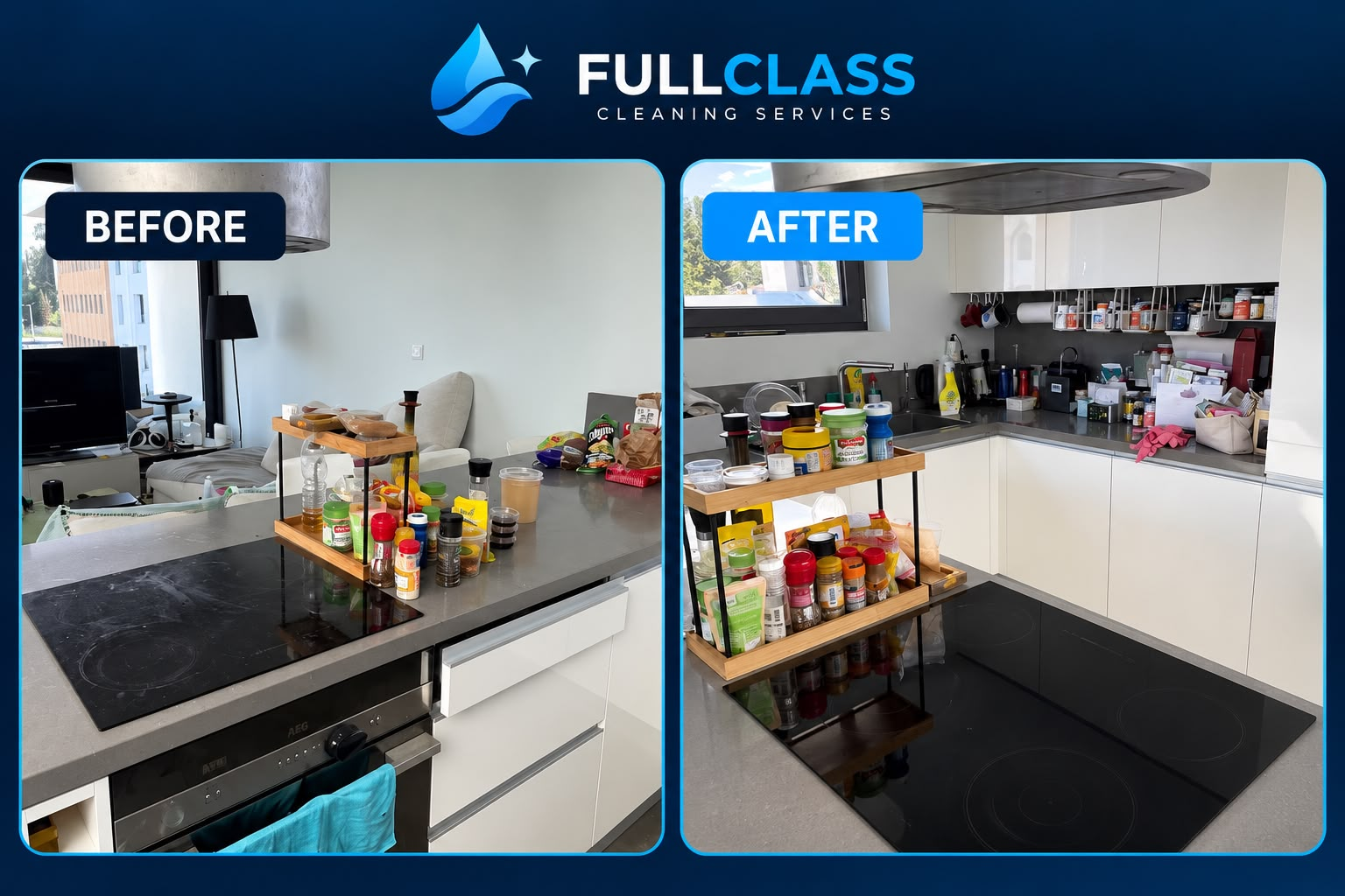 Kitchen counters and hob, before and after cleaning
