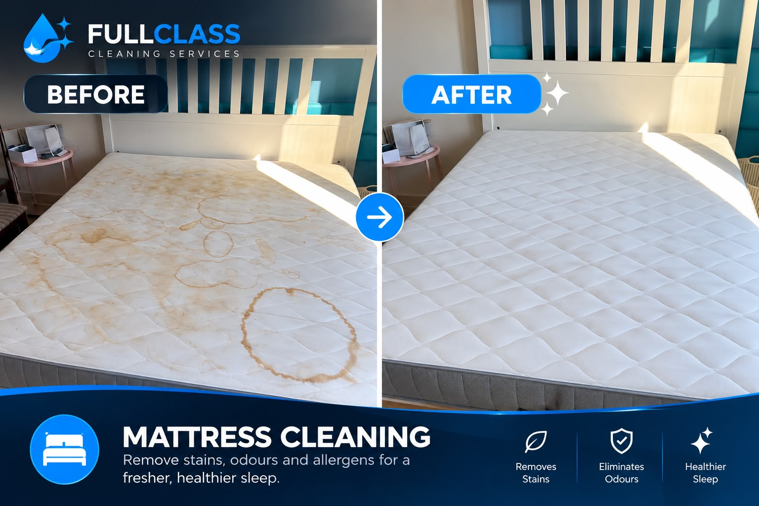 Mattress stain removal, before and after cleaning