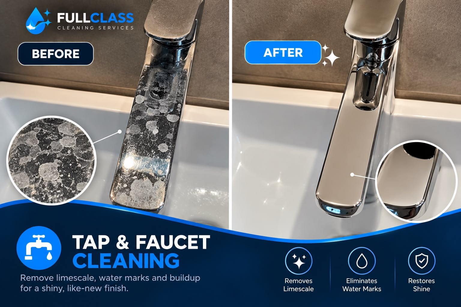 Bathroom tap and faucet, before and after cleaning