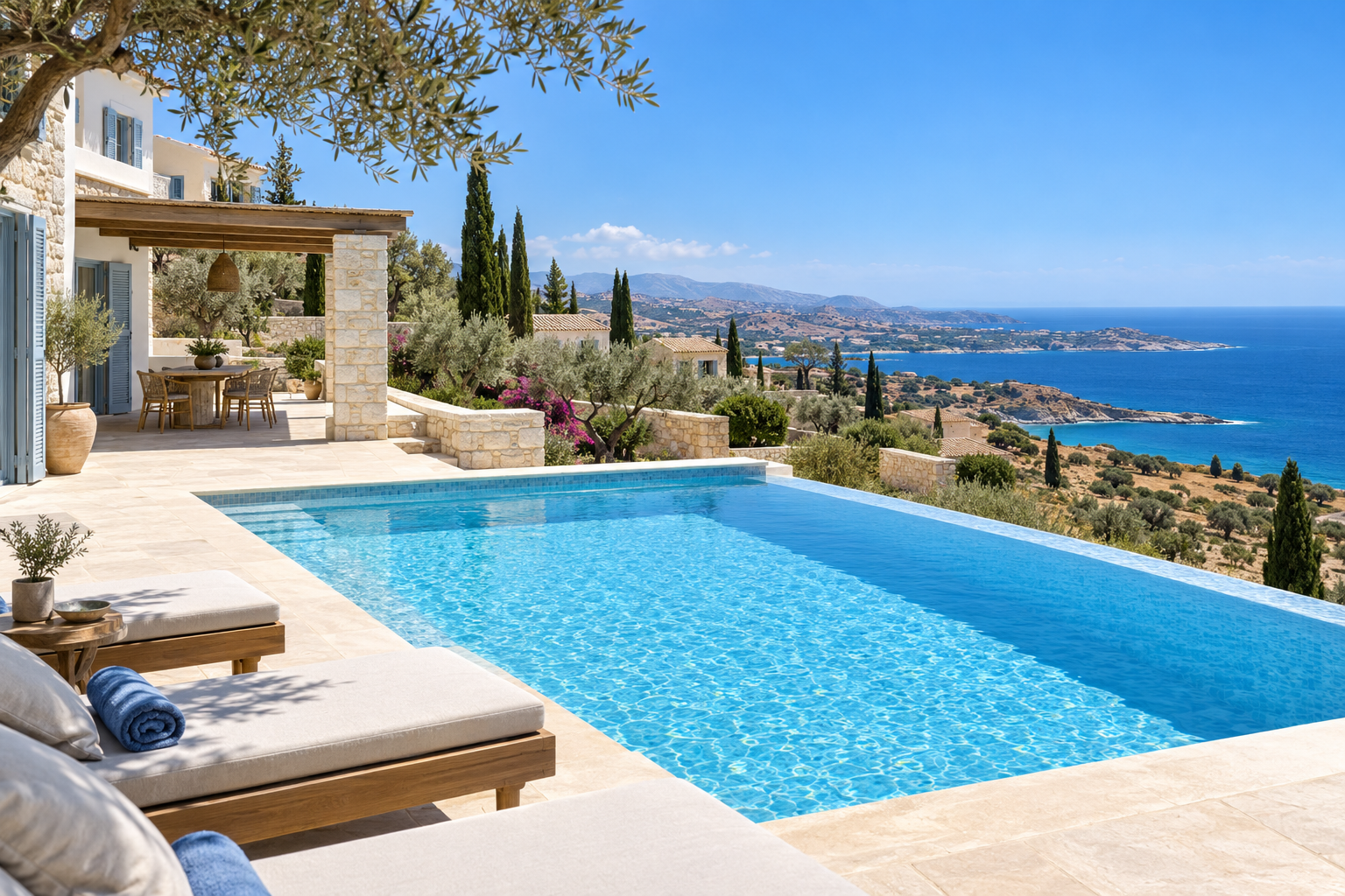 Illustrative Cyprus villa exterior, pool and Mediterranean coastline