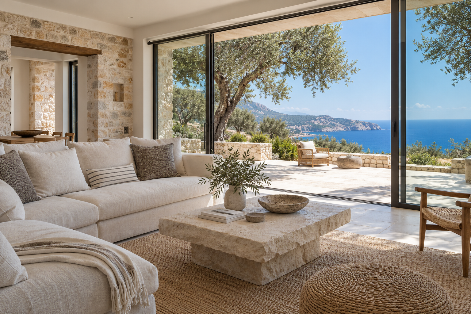 Illustrative bright villa living room opening onto a sea-view terrace